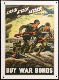 6t079 ATTACK ATTACK ATTACK linen 28x40 WWII war poster 1942 cool Warren art of soldiers advancing!