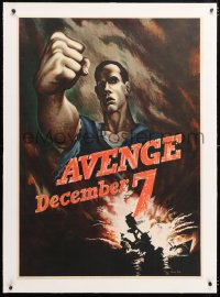 6t080 AVENGE DECEMBER 7 linen 29x40 WWII war poster 1942 attack on Pearl Harbor, Bernard Perlin art