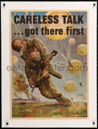 6t082 CARELESS TALK GOT THERE FIRST linen 20x28 WWII war poster 1944 art by dead paratrooper by Stoops!