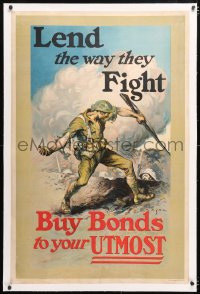6t100 LEND THE WAY THEY FIGHT linen 27x42 WWI war poster 1916 Ashe art of soldier throwing grenade!