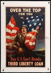 6t101 OVER THE TOP FOR YOU linen 20x30 WWI war poster 1918 patriotic art by Sidney H. Riesenberg!