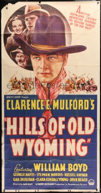 6w004 HILLS OF OLD WYOMING style A 3sh 1937 William Boyd as Hopalong Cassidy, Gabby Hayes, rare!