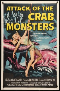 6w165 ATTACK OF THE CRAB MONSTERS 1sh 1957 Roger Corman, art of sexy girl attacked by beast!