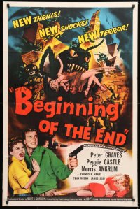 6w166 BEGINNING OF THE END 1sh 1957 Peter Graves & pretty Peggie Castle, giant grasshopper sci-fi!
