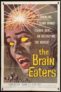 6w167 BRAIN EATERS 1sh 1958 AIP, classic close-up sci-fi horror art of girl's brain exploding!