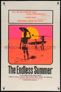 6w170 ENDLESS SUMMER dayglo 1sh 1967 John Van Hamersveld art, Bruce Brown surfing classic!
