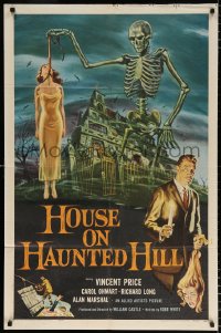 6w173 HOUSE ON HAUNTED HILL 1sh 1959 classic art of Vincent Price & skeleton with hanging girl!