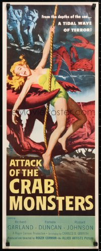 6w256 ATTACK OF THE CRAB MONSTERS insert 1957 Roger Corman, best art of sexy girl grabbed by beast!