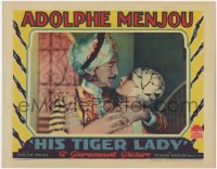 6w441 HIS TIGER LADY LC 1928 romantic c/u of Evelyn Brent & turbaned Adolphe Menjou, ultra rare!