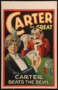 6w048 CARTER THE GREAT 14x22 magic poster 1926 he beats the Devil at poker with 4 aces, ultra rare!