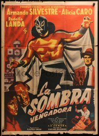 6w158 LA SOMBRA VENGADORA Mexican poster 1956 cool art of masked wrestler Fernando Oses!