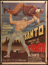 6w159 SANTO CONTRA EL REY DEL CRIMEN Mexican poster 1962 Raul M. Cacho art of masked wrestler!