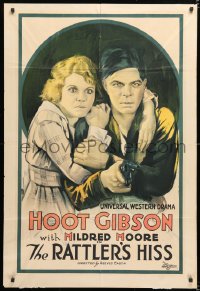 6w179 RATTLER'S HISS 1sh 1920 art of Hoot Gibson with gun protecting Mildred Moore, ultra rare!