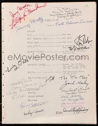 6w087 WIZARD OF OZ signed script R1960s by Ray Bolger, Jack Haley AND THIRTEEN Munchkins!
