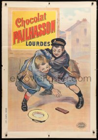 6w195 CHOCOLAT PAILHASSON 32x46 French advertising poster 1905 art of boys fighting over candy bar!