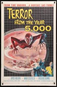 6w182 TERROR FROM THE YEAR 5,000 1sh 1958 from time unborn, sci-fi art of the hideous she-thing!