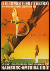 6w019 HAMBURG AMERICA LINE 33x47 German travel poster 1938 Fuss art of parrot & ship, rare!