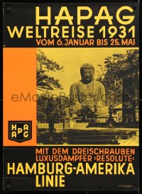 6w194 HAMBURG AMERICA LINE World Tour 1931 style 23x33 German travel poster 1931 Buddha statue!