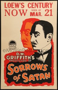 6w058 SORROWS OF SATAN WC 1926 D.W. Griffith, different art of Satan Adolphe Menjou, ultra rare!