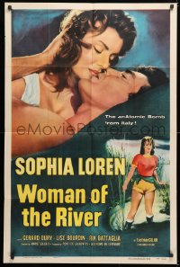 6w187 WOMAN OF THE RIVER 1sh 1956 sexy full-length art of Sophia Loren & kiss close up too, rare!