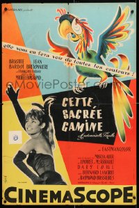 6y877 THAT NAUGHTY GIRL French 20x30 1958 cool image of sexy Brigitte Bardot and art of parrot!