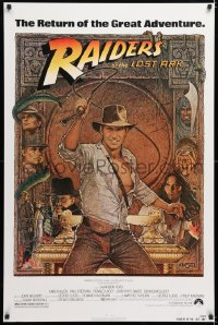 6z836 RAIDERS OF THE LOST ARK 1sh R1982 great Richard Amsel art of adventurer Harrison Ford!