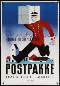 6z451 POSTPAKKE 28x40 Danish special poster 1998 M. Moe art of smiling mail courier!