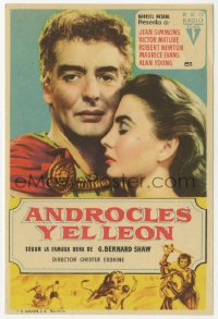 7a448 ANDROCLES & THE LION Spanish herald 1953 artwork of Victor Mature holding Jean Simmons!