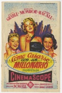 7a565 HOW TO MARRY A MILLIONAIRE Spanish herald 1954 Soligo art of Marilyn Monroe, Grable & Bacall!