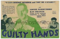 7a055 GUILTY HANDS herald 1931 Lionel Barrymore can murder Kay Francis' lover and not get caught!