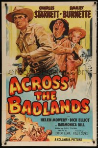7b030 ACROSS THE BADLANDS 1sh 1950 cool artwork of cowboy Charles Starrett, Smiley Burnette!