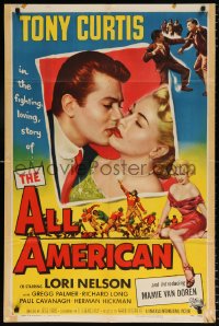 7b061 ALL AMERICAN 1sh 1953 Tony Curtis kissing Mamie Van Doren in her first movie, football!
