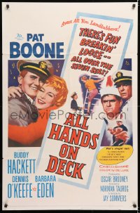 7b063 ALL HANDS ON DECK 1sh 1961 Navy Captain Pat Boone, sexy Barbara Eden on ladder!
