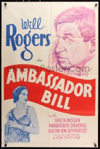 7b075 AMBASSADOR BILL 1sh R1936 portrait art of Will Rogers, Greta Nissen!