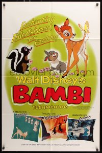 7b117 BAMBI style B 1sh R1966 Walt Disney cartoon classic, great art with Thumper & Flower!