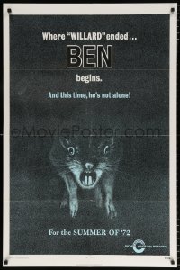 7b138 BEN teaser 1sh 1972 art of lots of rats, Willard 2, this time he's not alone!