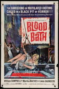 7b168 BLOOD BATH 1sh 1966 AIP, cool artwork of sexy babe being lowered into a pit of horror!