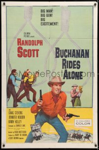 7b182 BUCHANAN RIDES ALONE 1sh 1958 big man Randolph Scott has a big gun, directed by Budd Boetticher