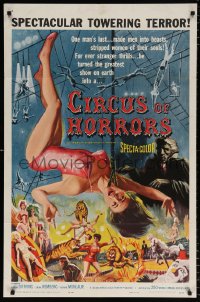 7b217 CIRCUS OF HORRORS 1sh 1960 wild horror art of super sexy trapeze girl hanging by neck!