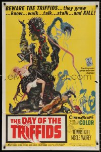 7b256 DAY OF THE TRIFFIDS 1sh 1962 classic English sci-fi horror, cool art of monster with girl!