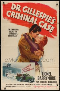 7b300 DR. GILLESPIE'S CRIMINAL CASE 1sh 1943 art of soldier Michael Duane romancing Donna Reed!