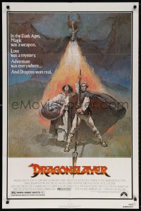 7b305 DRAGONSLAYER 1sh 1981 cool Jeff Jones fantasy artwork of Peter MacNicol w/spear & dragon!
