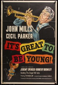 7b527 IT'S GREAT TO BE YOUNG English 1sh 1956 cool art of music teacher John Mills playing trumpet!