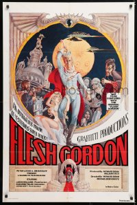 7b360 FLESH GORDON 1sh 1974 sexy sci-fi spoof, wacky erotic super hero art by George Barr!