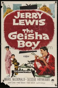 7b393 GEISHA BOY 1sh 1958 screwy Jerry Lewis visits Japan, cool paper lantern art!