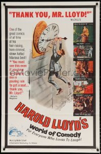 7b435 HAROLD LLOYD'S WORLD OF COMEDY 1sh 1962 classic image hanging from clock from Safety Last!