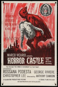 7b462 HORROR CASTLE 1sh 1964 Where the Blood Flows, cool art of cloaked figure carrying girl!