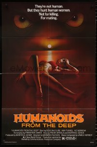 7b476 HUMANOIDS FROM THE DEEP 1sh 1980 classic sexy art of eyes looming over sexy girl on beach!