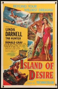 7b513 ISLAND OF DESIRE 1sh 1952 full-length art of sexy Linda Darnell & barechested Tab Hunter!