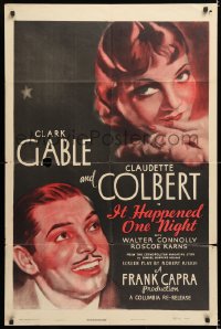 7b519 IT HAPPENED ONE NIGHT 1sh R1948 close-up art of Clark Gable & Claudette Colbert!